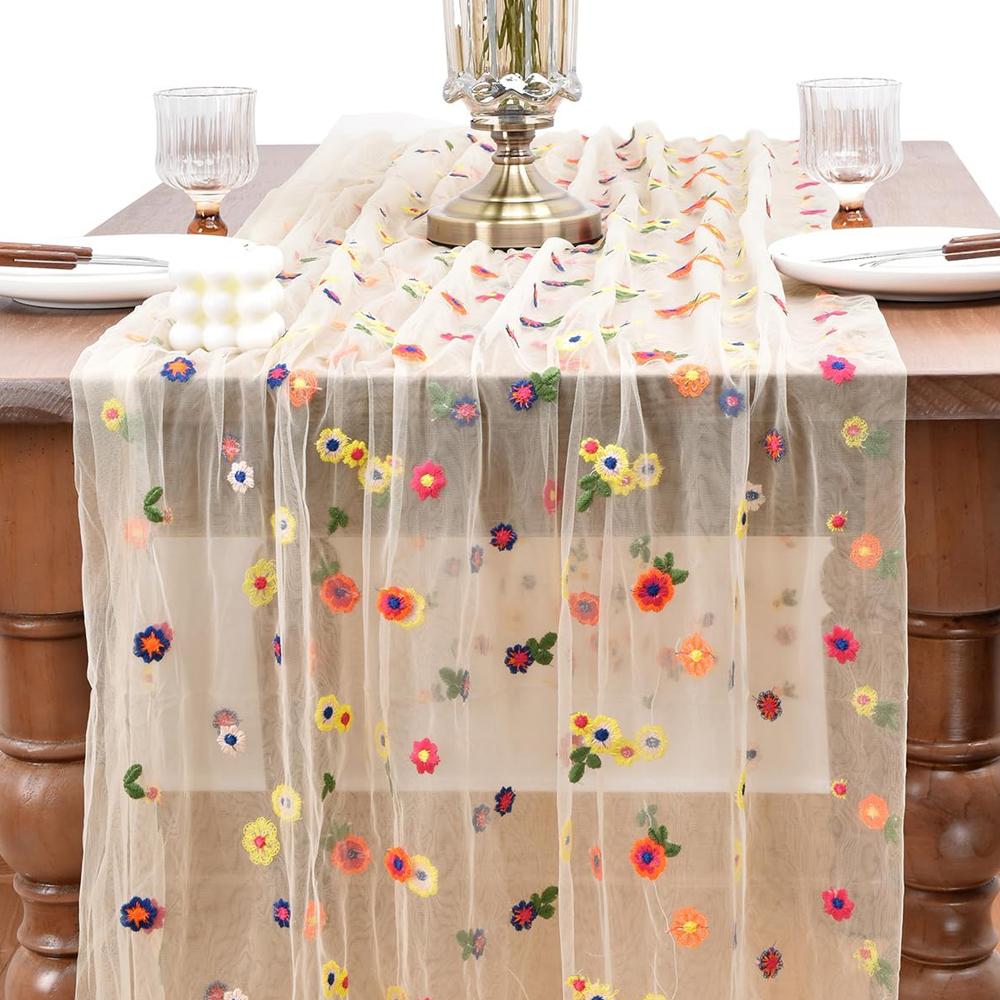 Champagne Embroidery Daisy Spring Summer Table Runner Florals Seasonal Easter Tulle Table Runner Holiday Kitchen Dining Table