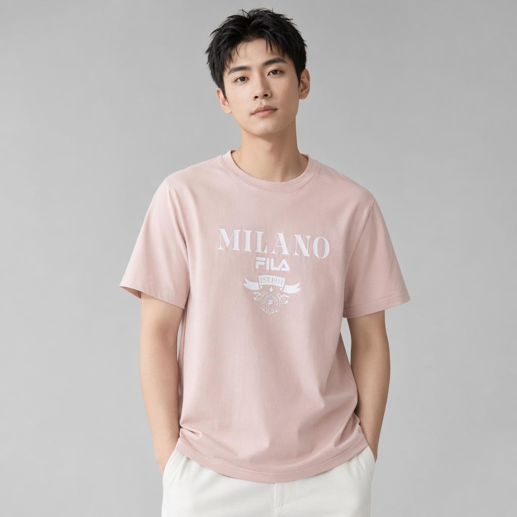 Fila Milano Series American Fashion Knit Short Sleeve T-Shirt Men Tops Nude-Pink F11M515102FPK