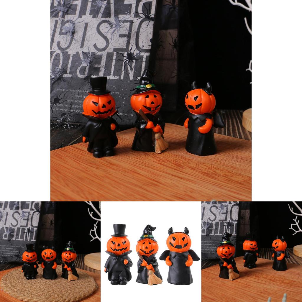 Halloween Resin Material Demon Miniature Figures With Pumpkin And Broom For Festive Setting