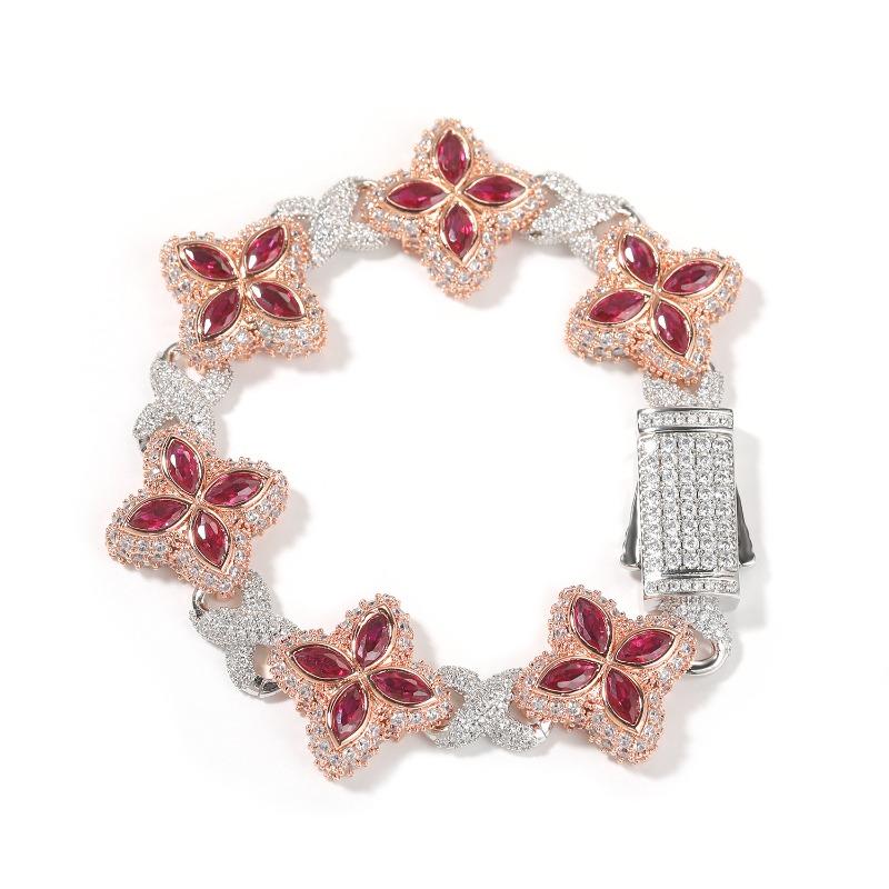 Hip-hop Rap Chain, Unlimited Four-leaf Clover Bracelet, Fashionable Cool Ruffian Handsome Premium 5A Zircon Color Necklace.