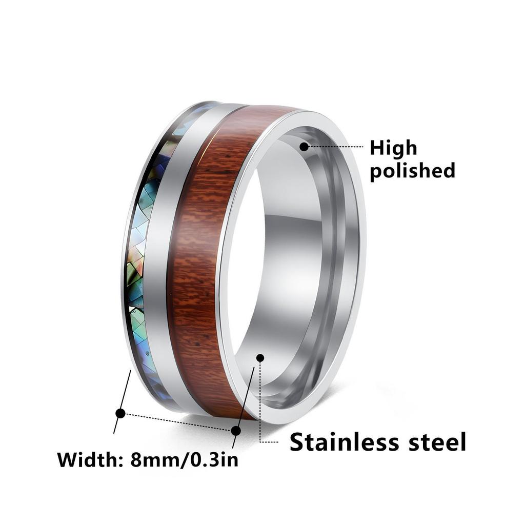 European-American Wood Grain Abalone Shell Titanium Steel Ring - Luxury Men's Tungsten Carbide Jewelry.