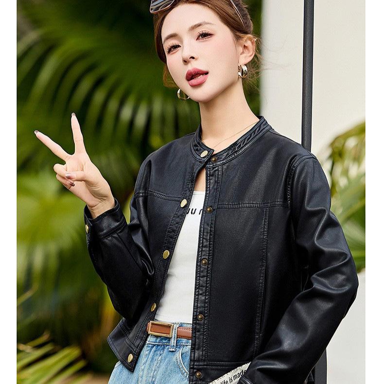 New small stand-up collar simple wind locomotive suit leather jacket short jacket women's autumn and winter loose casual PU fashion versatile