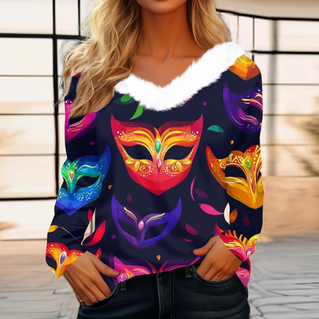 Dámský volný ležérní top s dlouhým rukávem a potiskem, plyšový límec ve tvaru V, top s dlouhým rukávem