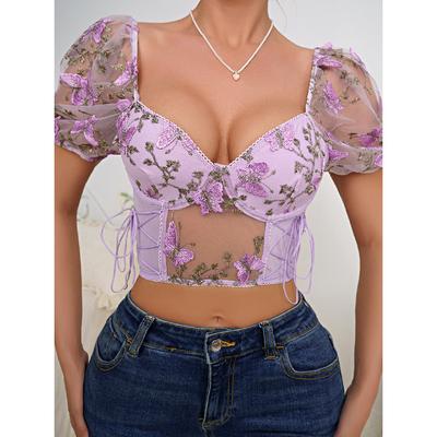 Cross-Border Hot-Selling Puff Sleeve Sexy Floral Crop Top with Underwire, Gathered Drawstring Waist Lace Blouse
