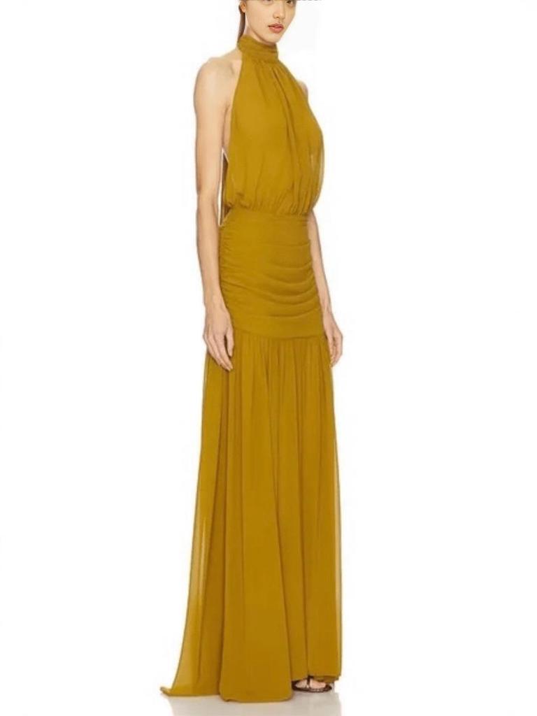 Cross-Border European & American Women's Scarf Ribbon Pleated Slimming Long Dress