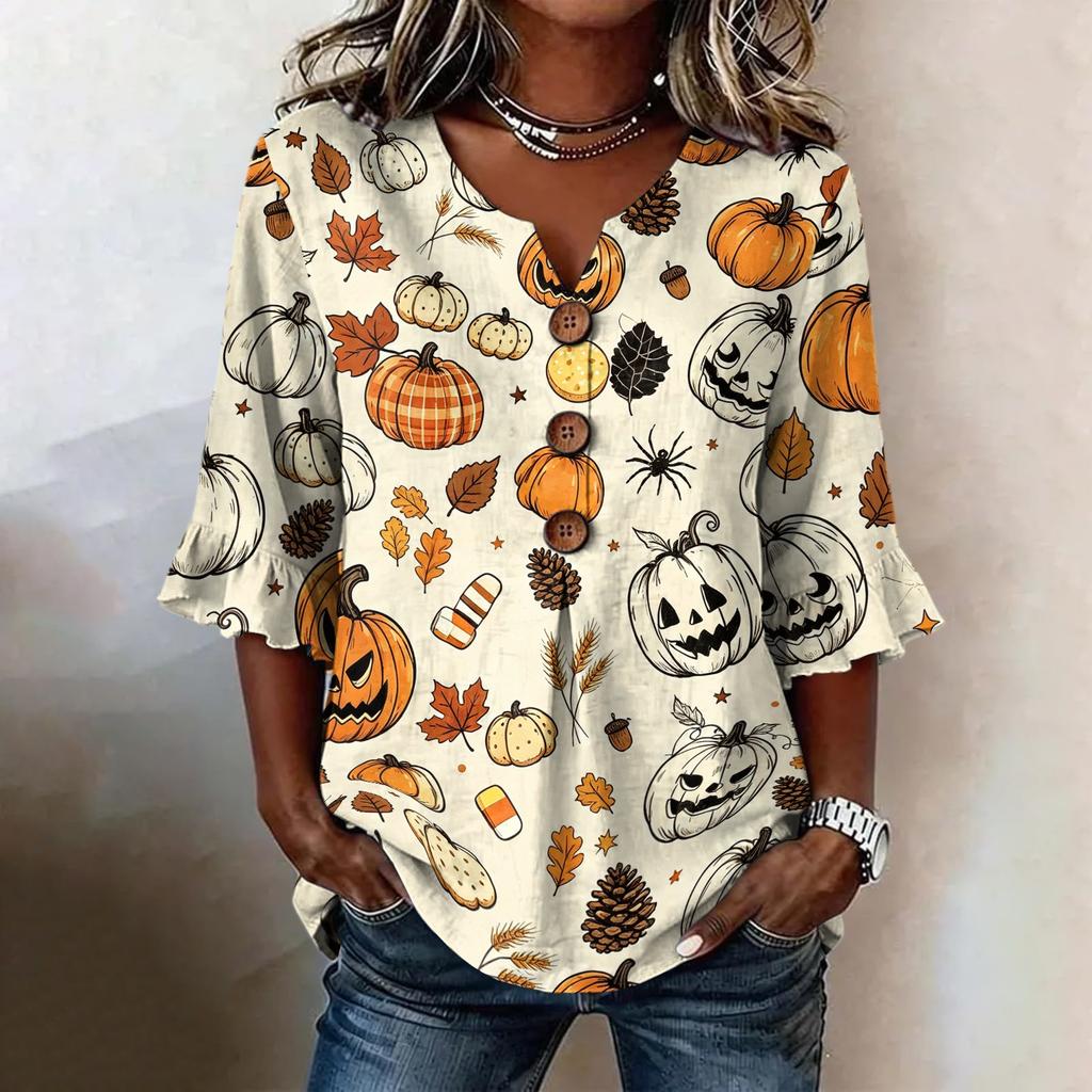Women's Casual V-Neck Ruffle Sleeve Loose Fit Blouse, Halloween Print Top with All-Over Pattern
