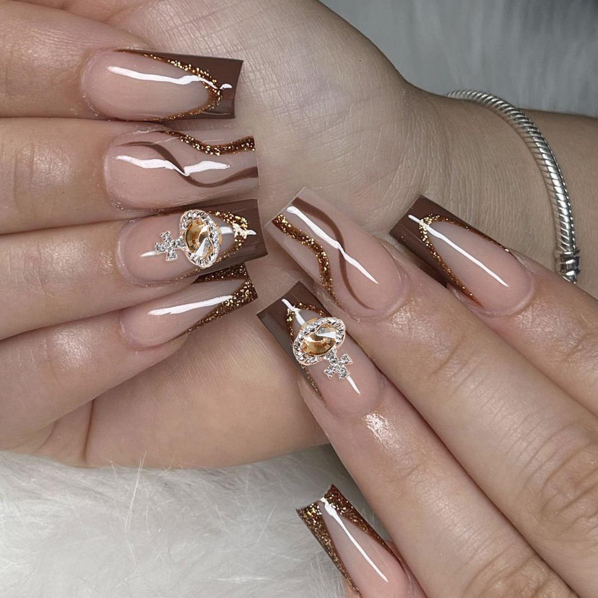 

Brown French Tip Rectangle Wearable Nails with Irregular Stripes & Planet Design