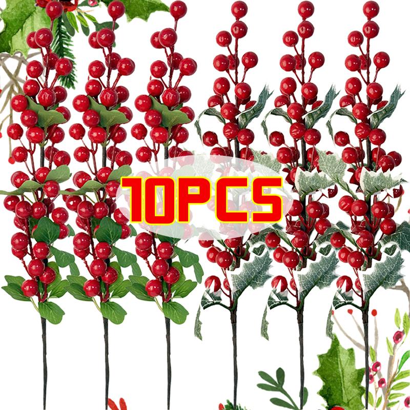 52cm Christmas Red Holly Berries Branch with Green Leaves Fake Berry DIY Garland Xmas Tree Ornaments Festival Party Home Decor