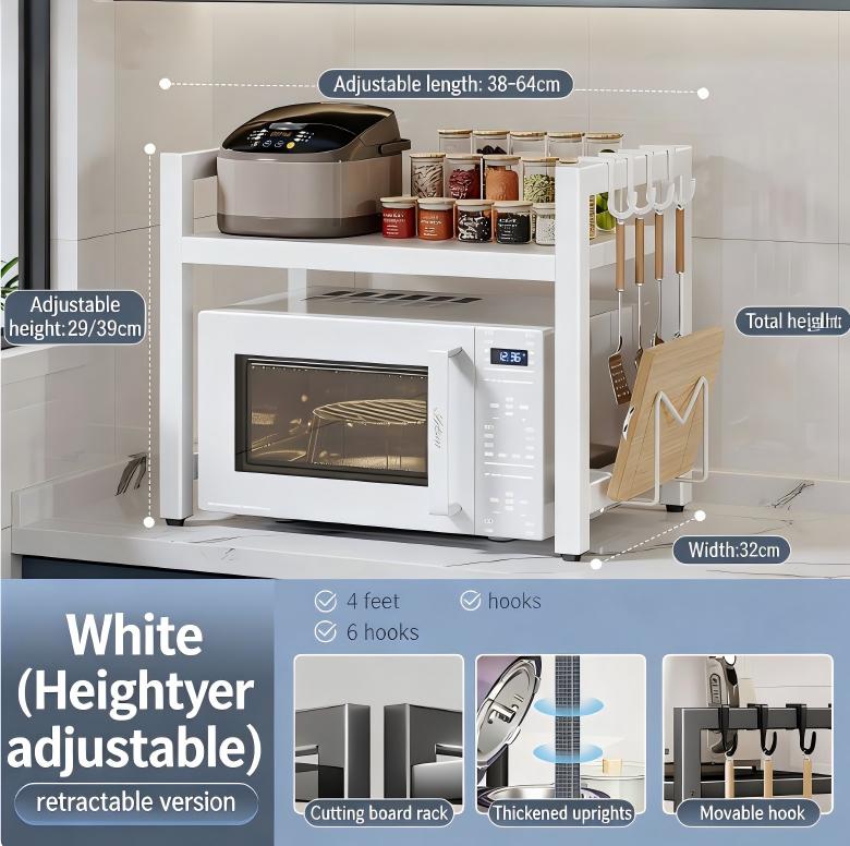 

Expandable Microwave Shelf with 6 Hooks - 40-64cm Adjustable Kitchen Storage Rack for Microwave and Baking Organization