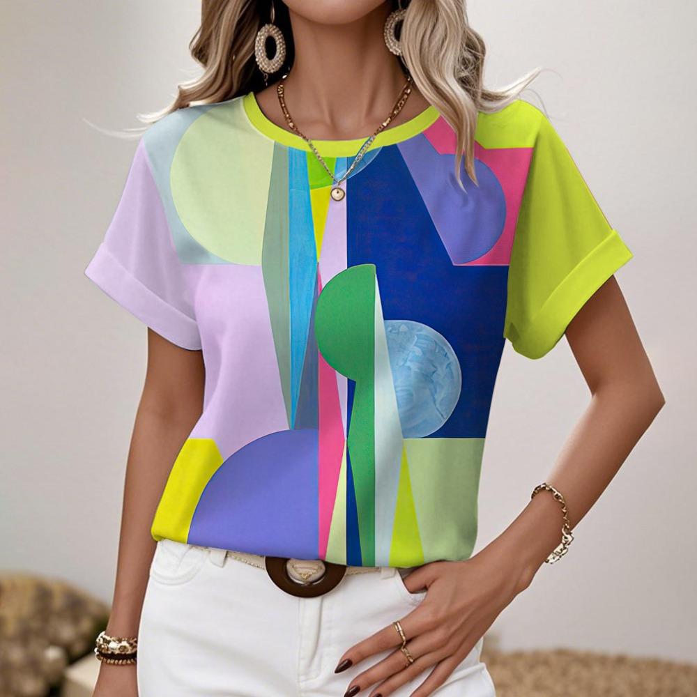 Women's Round Neck T-shirt Summer Outdoor Fashion Short-sleeved Tops Oversize Loose Ladies Clothing Flower Printing Trend Style