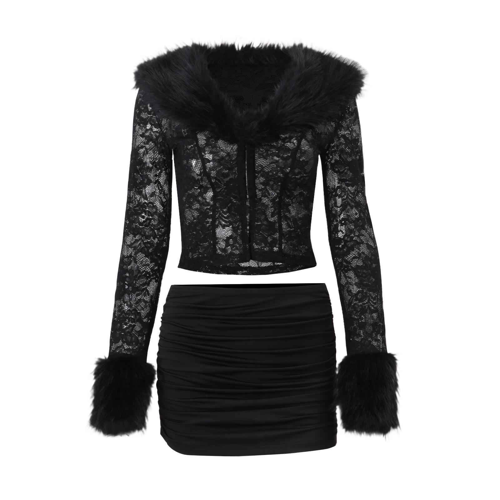 

European Cross-Border Women s 2025 Fall/Winter Lace Plush Long-Sleeve Top & Short Skirt Set Medium чорний