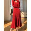 Temperament Socialite High-end V-neck Red Knitted Dress, Festive Clothes In Autumn and Winter, High-cold Imperial Sister Style Skirt