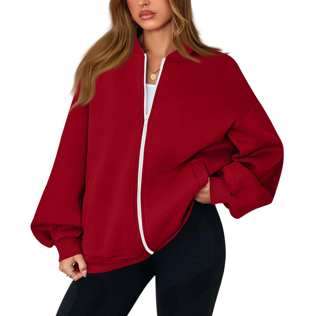 Women's Fashion Long Sleeve Color V-Neck Loose Oversize Zipper Jacket