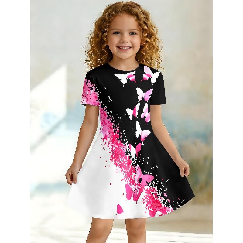 Little Girls 3 Styles Bow Butterfly Number Floral Print Round Neck Short Sleeve A-Line Kids Summer Flared Swing Dress