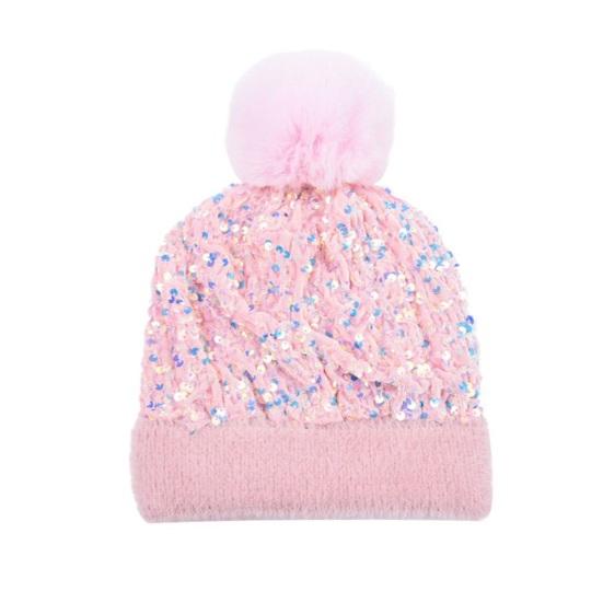 Women Knitting Hat Plush Ball Decor Shiny Sequins Decor Brimless Hat Winter Warm Furry Bucket Hat Headwear