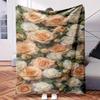 White And Peach Roses with Green Leaves On Wall-Themed Blanket - Comfortable Flannel Fabric Hypoallergenic Suitable for All Season