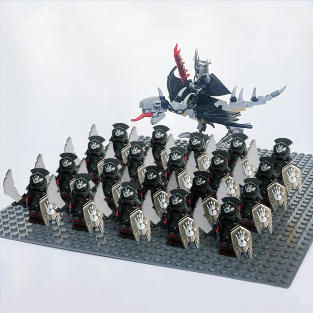 New 21Pcs Solider Uruk Hai Army Figrues King Angmar With Fell Beasts Shield Sword Bow Spear Weapons Kid Toys