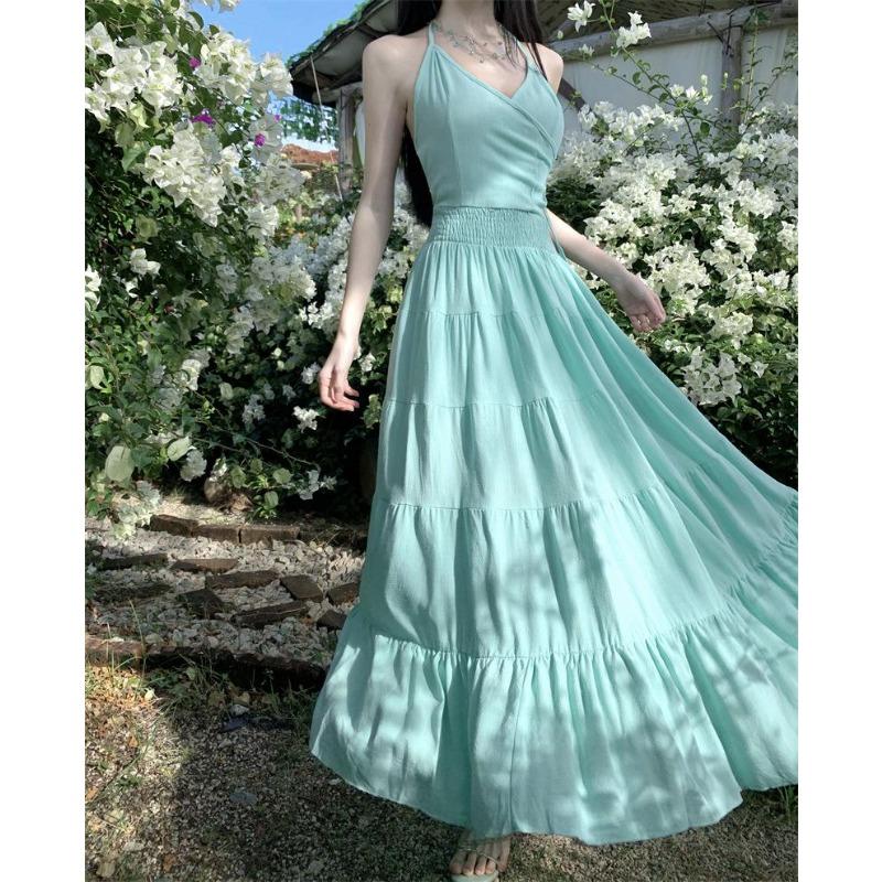 

White Skirt Vacation Neck Strap Backless Dress Beautiful Waist Thin Big Swing Dress L