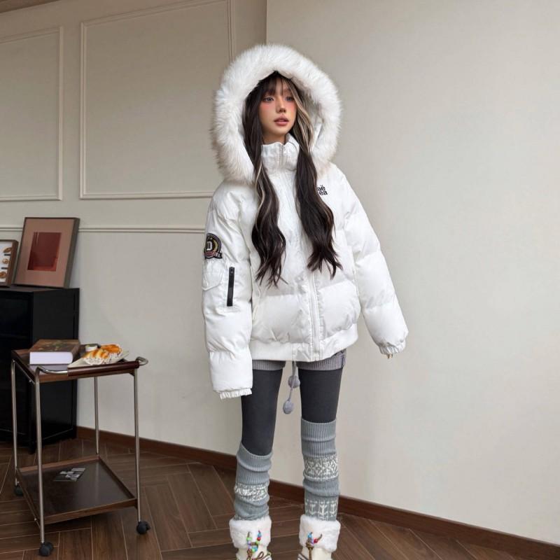 Womens Hooded Puffer Coat With Fur Trim Winter 2026 Loose Short Warm Cotton Padded Jacket