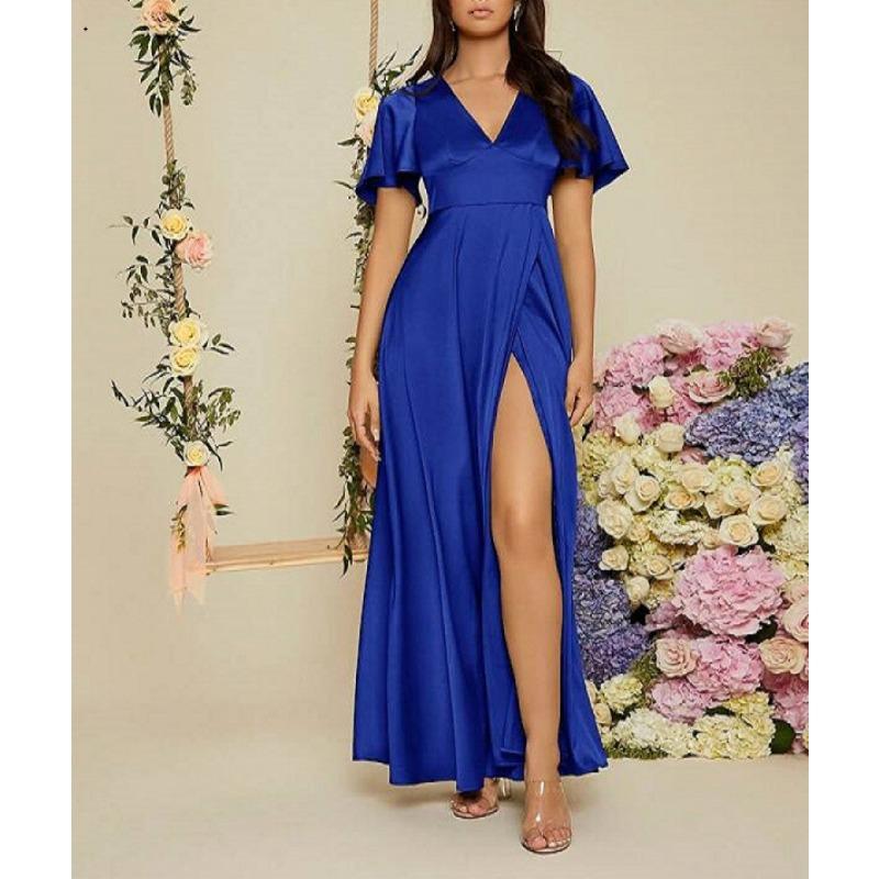 DAFIFY Women's Fashion Summer Spring Solid Color Print Short Sleeve V-Neck High Waist Casual Dresses