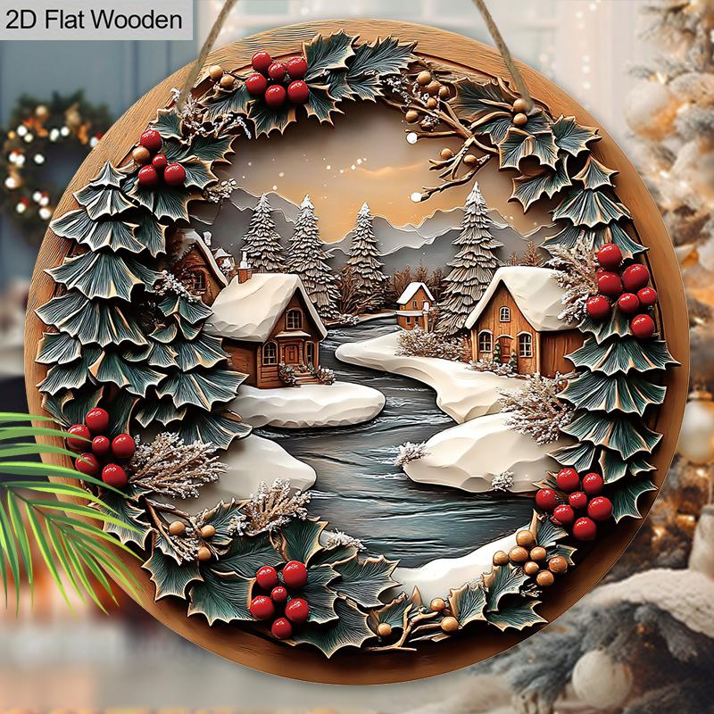 Rustic Christmas Wooden Sign with Snowy House Pattern - Navidad Round Sign for Front Door, Wall Hanging Decor - Ideal Christmas Decor