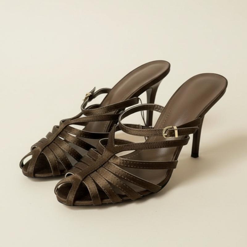 

Женские босоножки с открытым носком на высоком каблуке, коричневые, плетеный ремешок, элегантные, слипоны, шпильки, регулируемая пряжка, повседневная обувь для вечеринок 36
