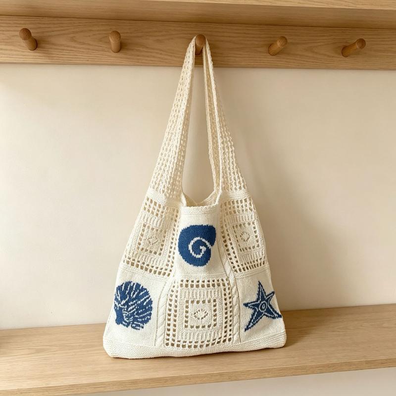 Crochet Beach Tote Bag Hollow Out Ocean Pattern Breathable Reusable Shoulder Bag for Vacation Shopping Daily Commute