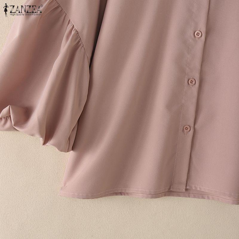 ZANZEA Women Casual Turn Down Collar Loose Puff 3/4 Sleeve Plain Blouse
