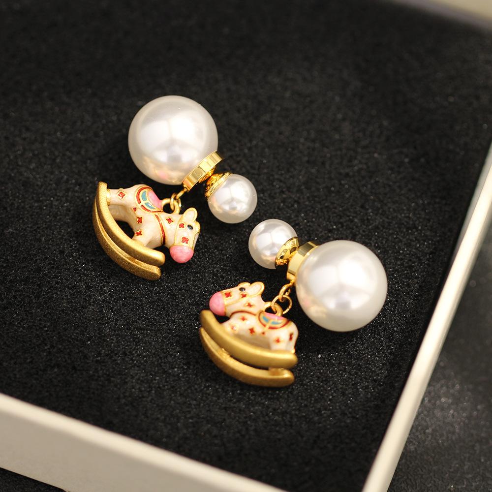 Childlike fashion exquisite color enamel Trojan horse pearl earrings retro light luxury versatile two wear women's silver needle earrings
