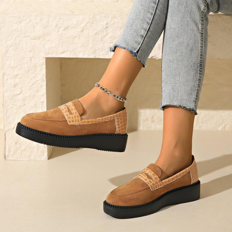 Fall New Slope Heel Shoes Women's Round Head Suede Splicing Thick Sole Anti-slip Wear-resistant Low-top Shoes