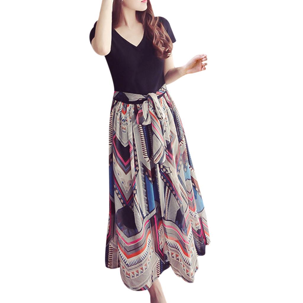 Korean Fashion Chiffon V Neck Maxi Dresses Women Floral Long Dresses