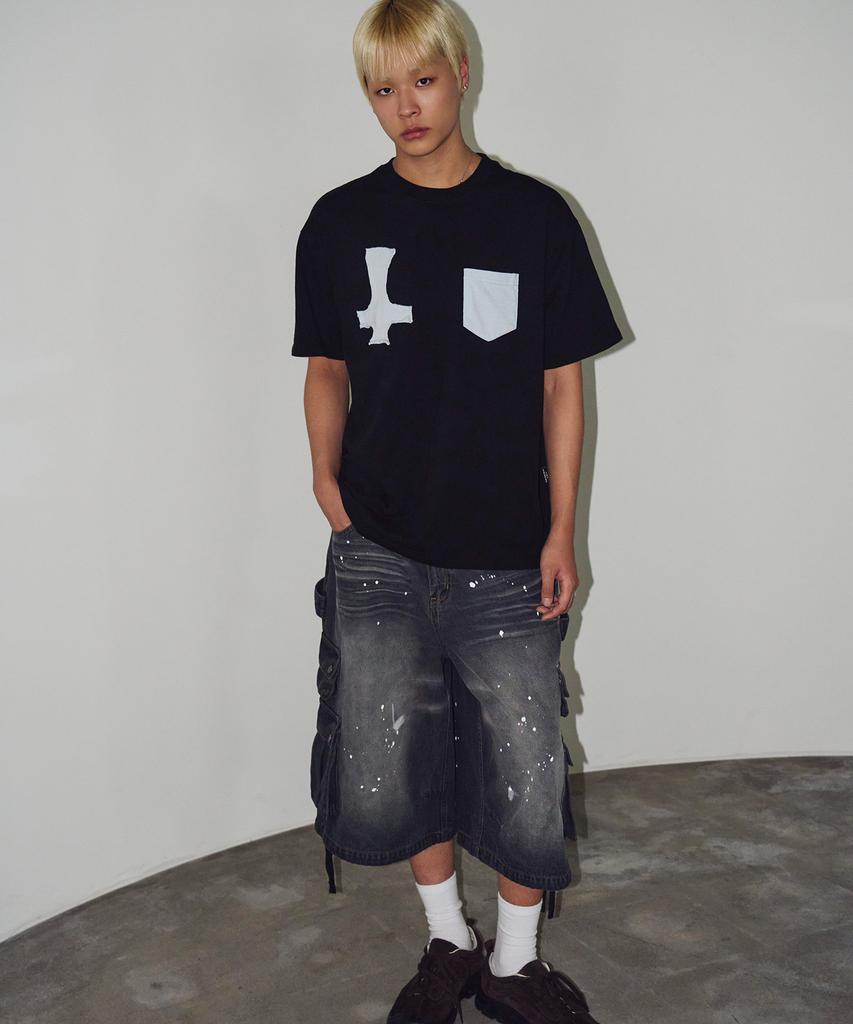 TRAVEL Denim Crossbody Short Sleeve Tee Black
