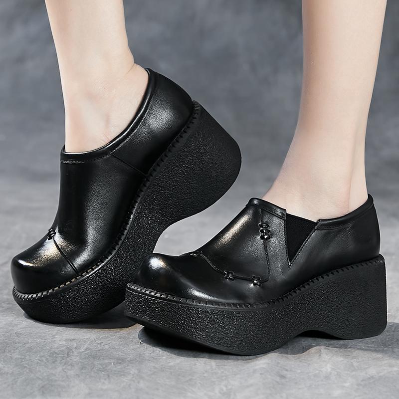 Fashion GKTINOO Retro Flat Platform Women Wedges Shoes Luxury 6cm Platform Shoes Thick Heels Genuine Leather Casual Elastic Band Pumps
