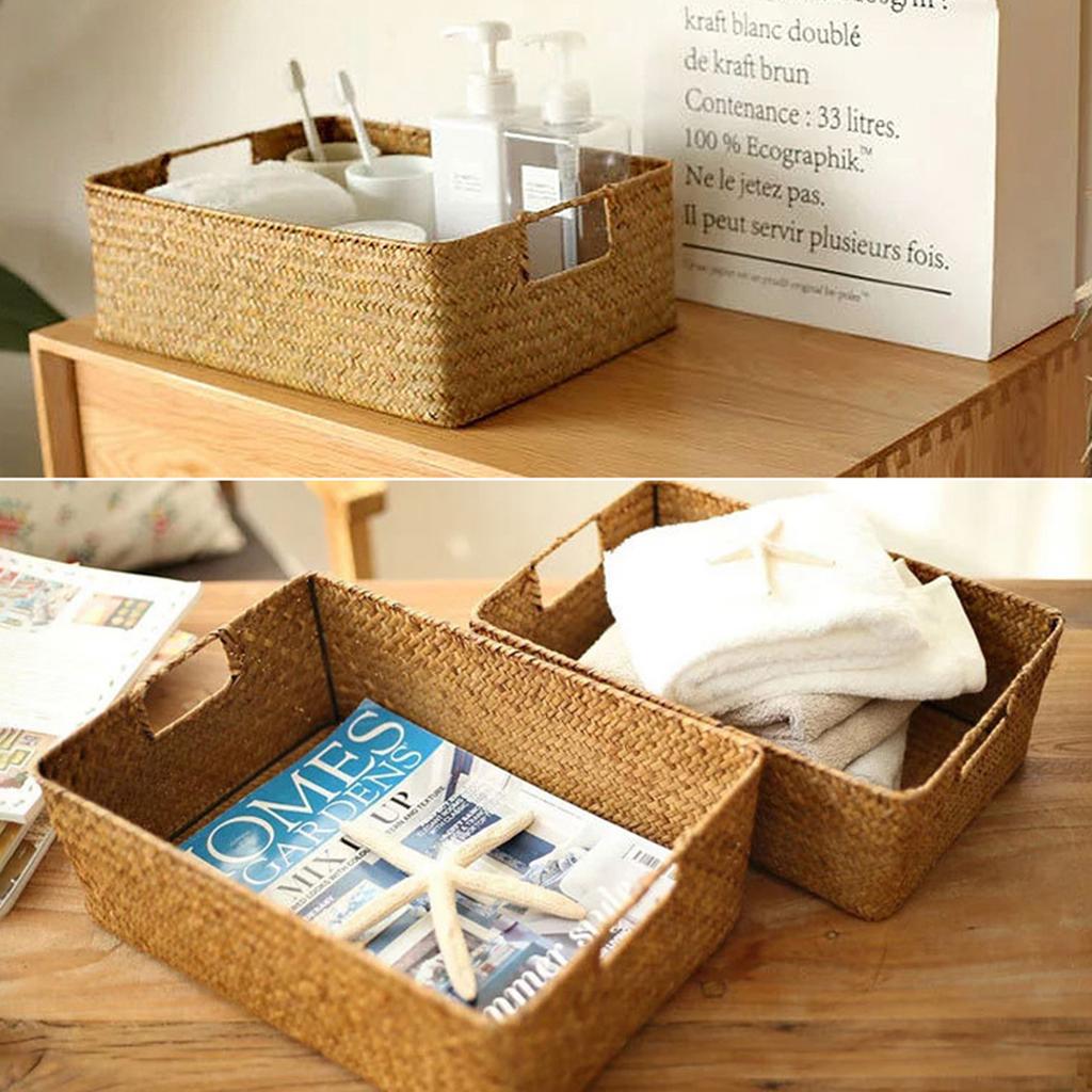 Woven Wicker Basket Seaweed Storage Baskets Rattan Basket Organizer with Handle Sundries Storage Boxes Panier De Rangement