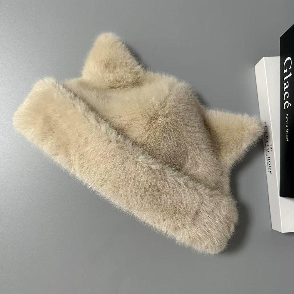 Fashion Warm Winter Hat Ear Protection Cute Ears Fluffy Fur Bucket Hat Snowy Day Soft Fisherman Hat Chrismas Gifts