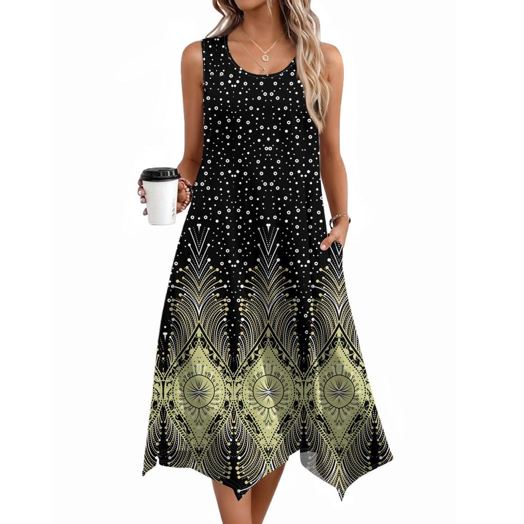 Damen Lässige Ärmellose Sommerkleider Frühling Rundhals Patchwork Boho Floral Rüschen Cocktailparty Midi-Kleid