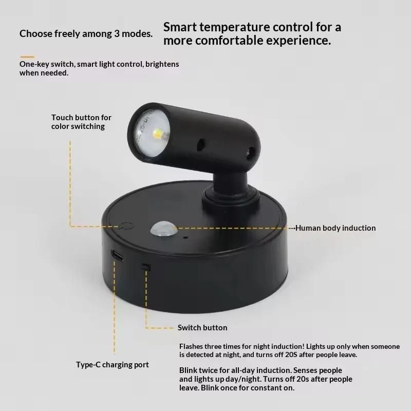 Magnetic Base USB Rechargeable LED Cordless Wall Light with Touch Switch Black White Magnet Dimmable Bedside Lamp for Reading