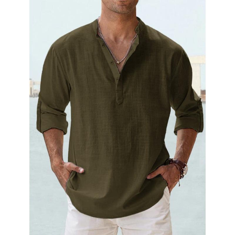 QICED Summer Casual Men's Loose Men's Tide Standing Collar Sports Colour Long Sleeve Cotton Tops Large Size Shirt