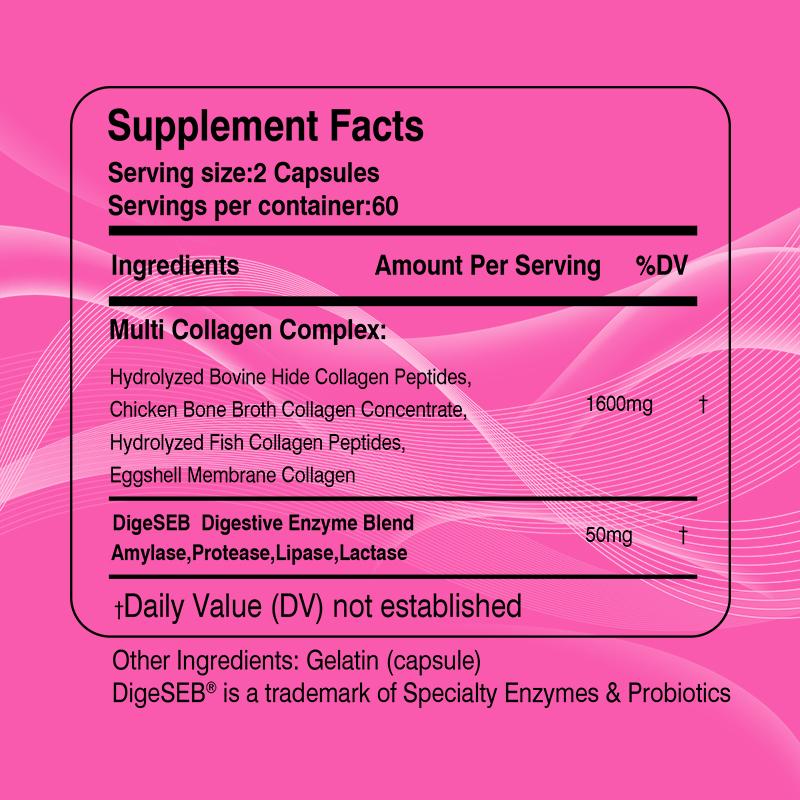 Kapsle s kolagenovým komplexem obsahující hydrolyzované rybí kolagenové peptidy, 3300 mg, doplněk stravy, vhodné pro dospělé.