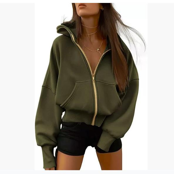 Women's Zipper Hooded Long-sleeved Short Sweatshirt Wool Hooded Jacket Fashion Autumn and Winter Clothes