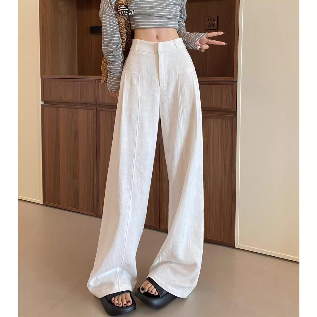 Women's High-Waisted Wide-Leg Linen Pants - White Summer Drape Style
