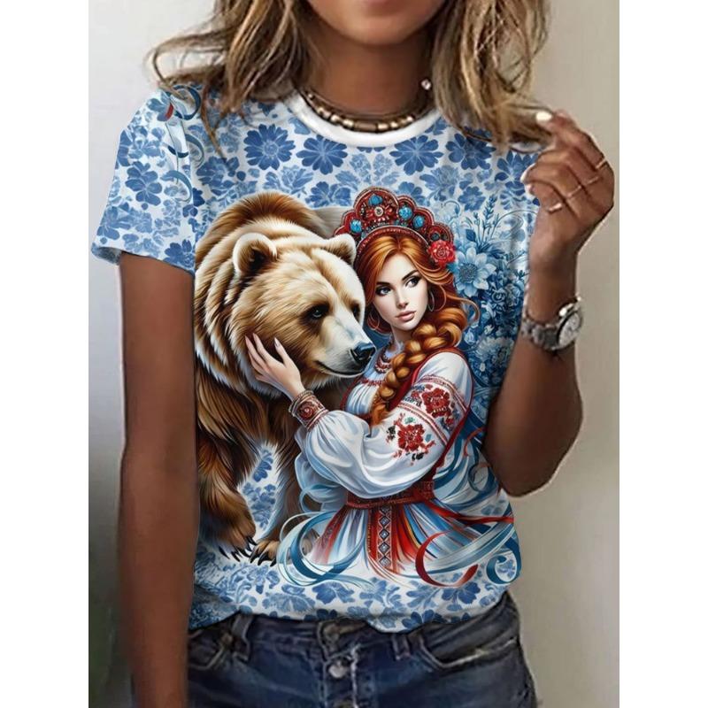 Russian Girl T-Shirts Floral 3D Print Summer Women Casual Round Neck Short Sleeve T Shirt Tees Harajuku Y2K Tops Female Clothing