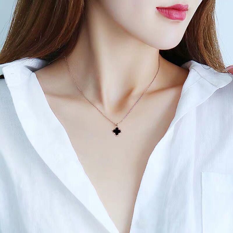 Elegant Double-Sided Four-Leaf Clover Necklace - Rose Gold Plated with Black & White Enamel, Micro-Inlaid Zirconia for Women