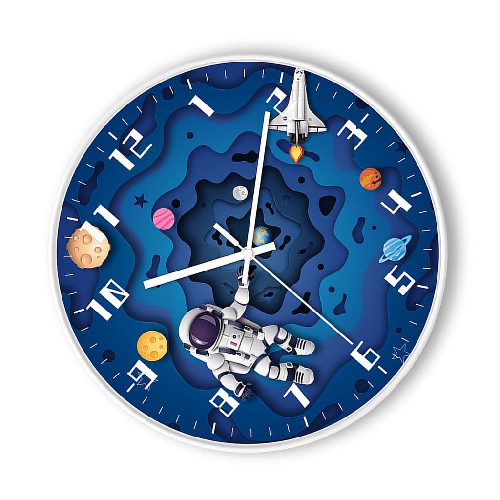 8 Inch Silent Wall Clock PP Battery Operated Kids Wall Clock Space Theme Decor for Home Living Room Bedroom Round