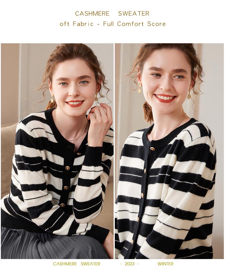 European Retro Striped Cashmere Cardigan - Women's Loose Fit, Slimming, Round Neck Wool Coat for Spring & Autumn