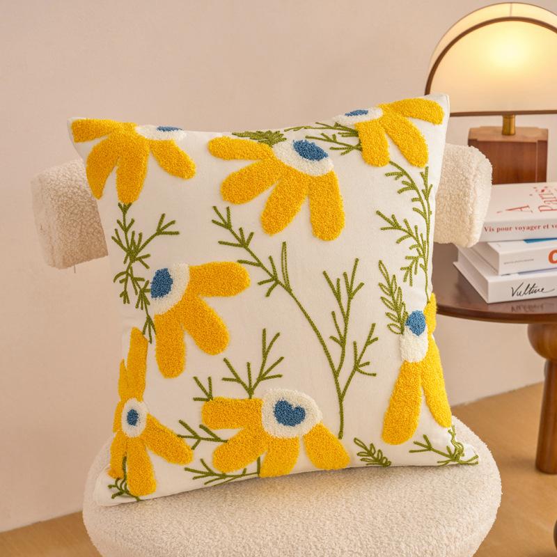 1pc Contemporary Floral Embroidery Throw Pillow Cover with Yellow Flowers & Green Leaves Zippered, Machine Washable for Living Room Decor