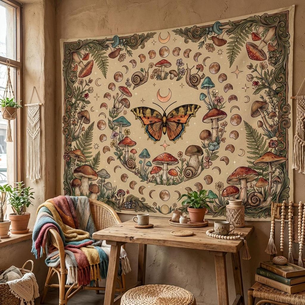 Cottagecore Celestial Butterfly Tapestry, Retro Mushroom & Moon Print with Snails, Bohemian Wall Art for Nature & Witchy Homes