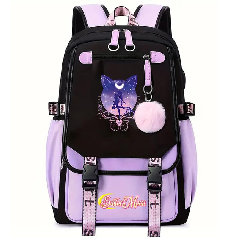 Sailor Moon Cute Anime Printed Student School Bag USB Interface Large Capacity Canvas Bag Computer Bag