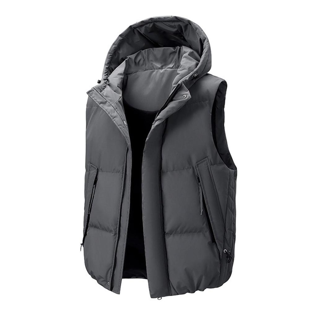 Men's And Women's Casual -color Hooded Sleeveless Vest, Men's Large Pocket, Cotton Thickened, Loose And Warm Zipper Vest