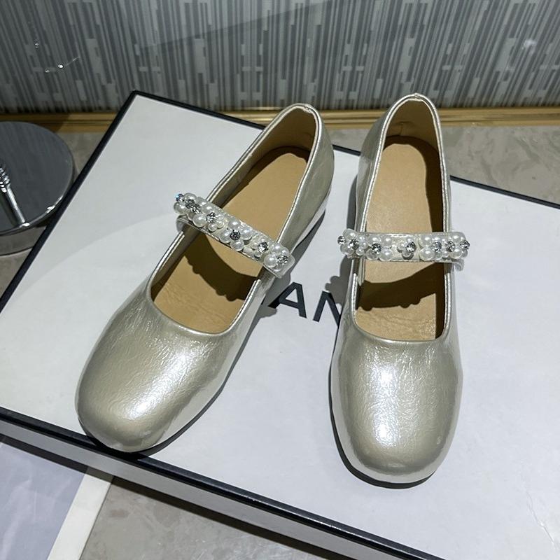Fashion Inside Heightened Flat Single Shoes Autumn New Round Toe Shallow Slip Rhinestone Pearl Soft Sole Non-Slip Low Top Shoes